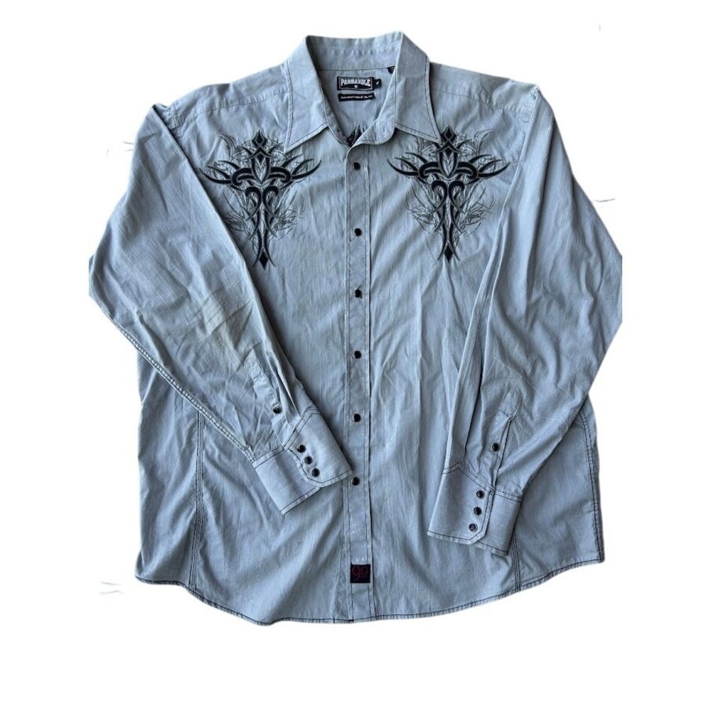 Panhandle Slim Mens XL Western Snap Shirt Tribal Cross Embroidered Gray